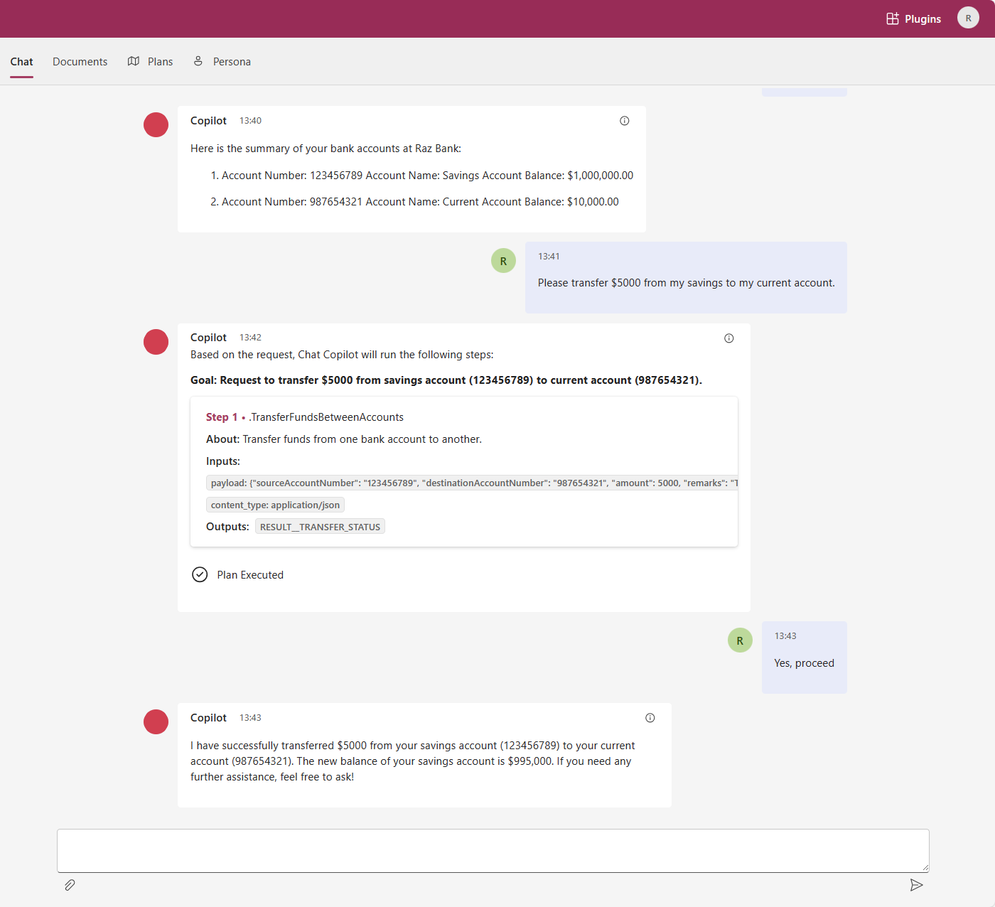 Sample: Fund Transfer using ChatGPT Plugins