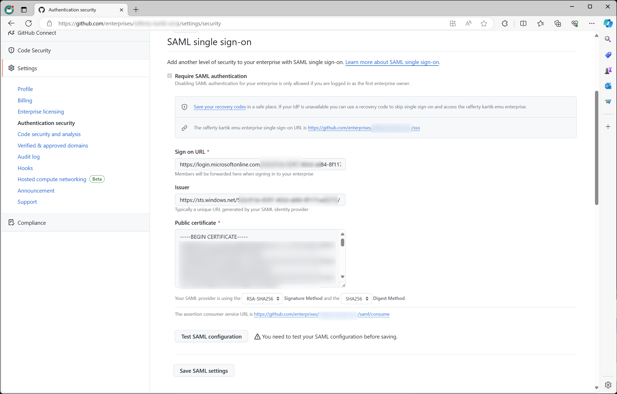 GHEC Authentication Security SAML Config