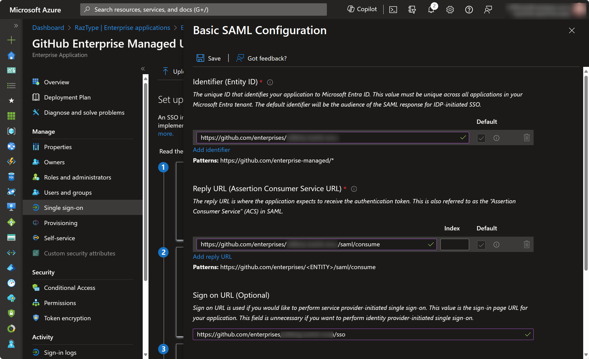 Enterprise App - SSO - SAML - Basic Config Values