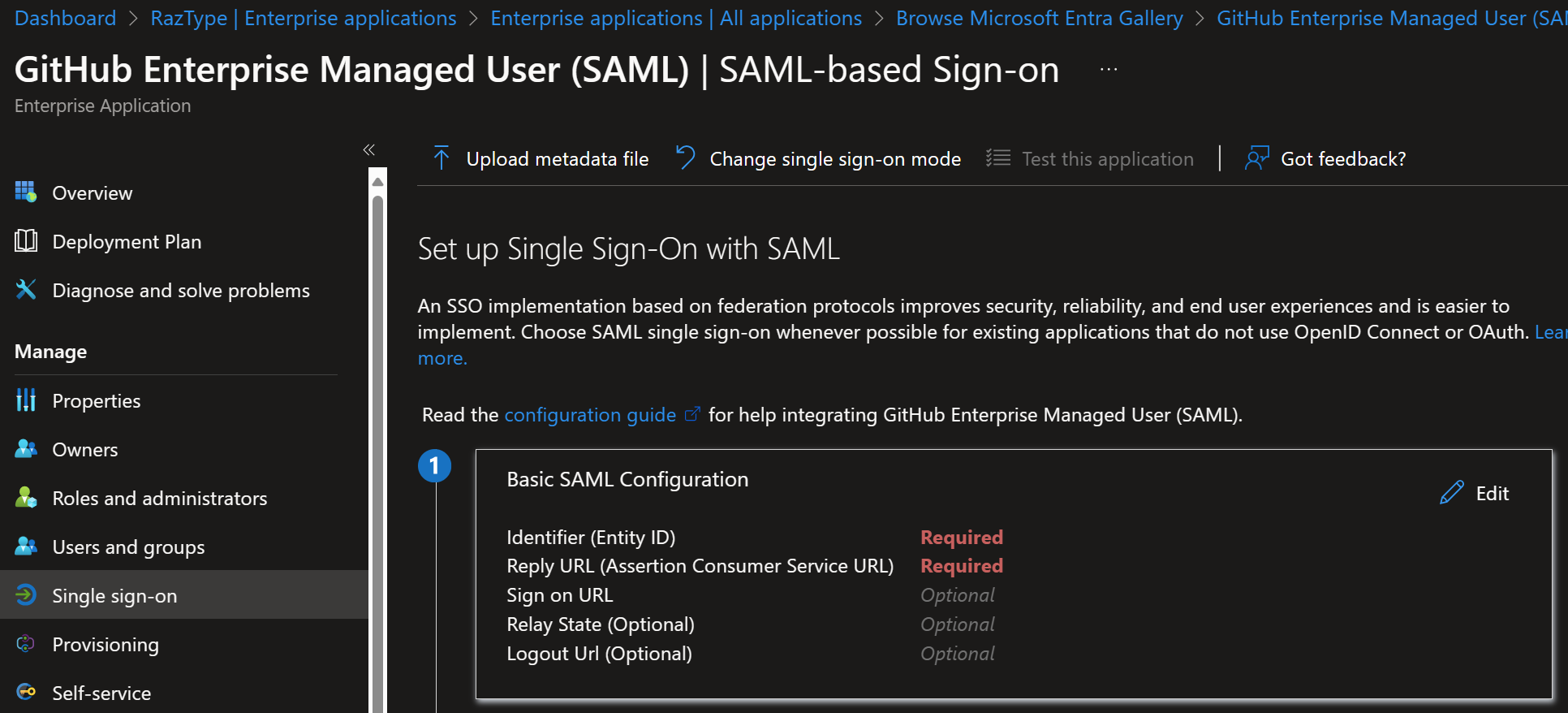 Enterprise App - SSO - SAML - Basic Config