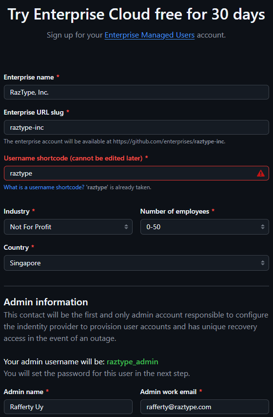 GHEC Trial Creation Form (screenshot)